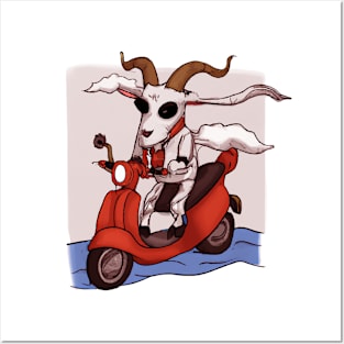 A goat rides on a motorcycle Posters and Art